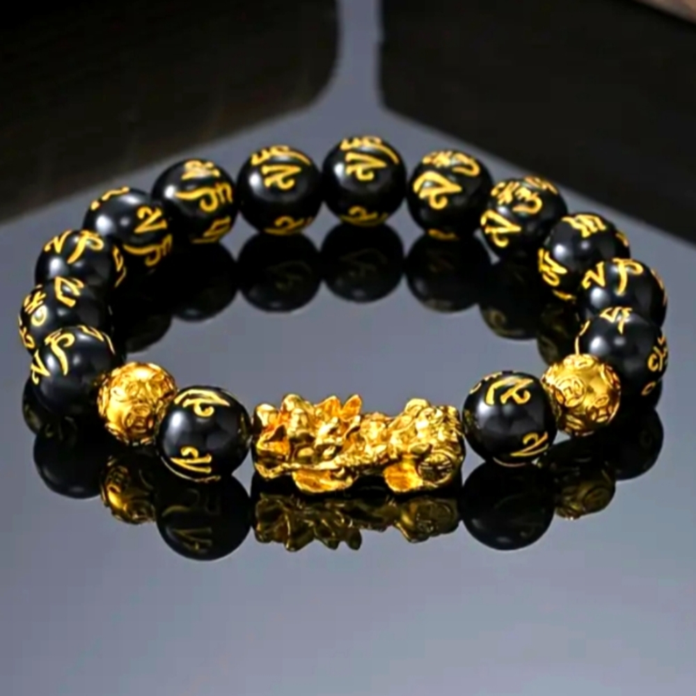 GENUINE OBSIDIAN AND GOLD HANDMADE BEADS WITH THE LUCKY GOLDEN DRAGON BRACELET